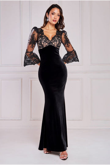 Scalloped Lace & Velvet Maxi Dress Goddiva